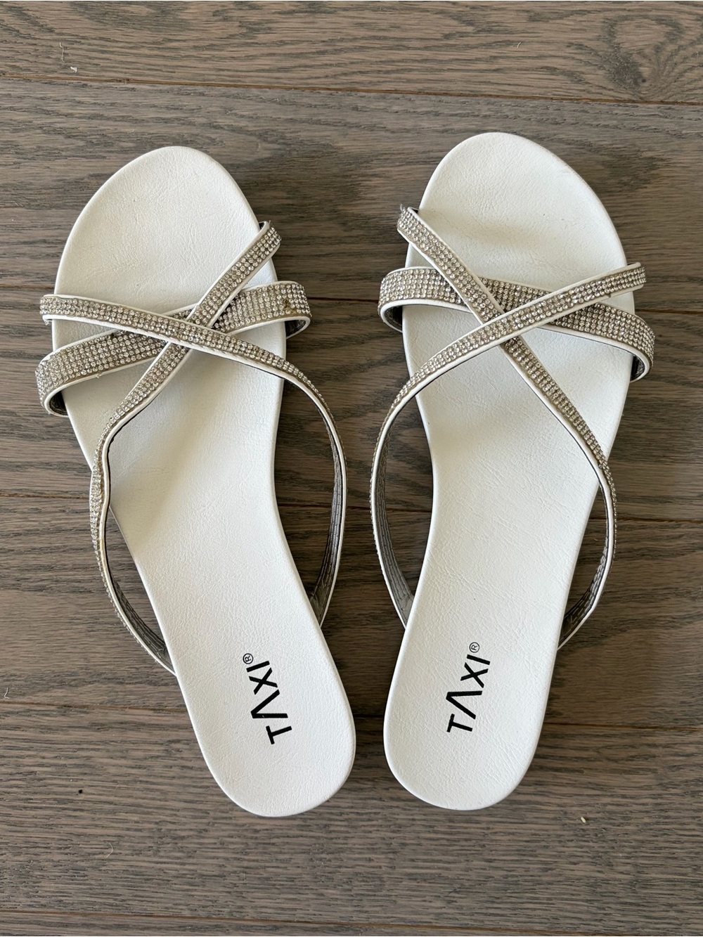 Tylx Women's White Slide Sandals with Crystal-Embellished Crisscross Straps